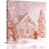Pink Christmas Gingerbread House Canvas Wall Art for Living Room Winter Snowflake Wall Decor Printed Artwork Framed Wall Art for Bedroom Bathroom Office Home Decor 12