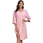 COLORFULLEAF Women's 100% Cotton Robe Lightweight 3/4 Sleeve Zip Front Robes Soft Knee Length Bathrobe Housecoat