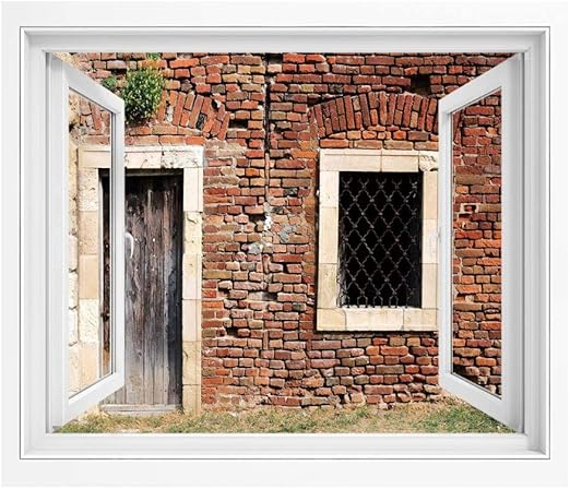 Amazon 素朴な 絵画風 壁紙ポスター 風景 景色 1x80 Cm 古いドアと窓のレンガの壁郊外エリア高齢者の家の入り口 風景 景色 おしゃれ ウォールステッカー 多用途なシール Diyシール ブラウンクリームレッドウッド ウォールステッカー オンライン通販