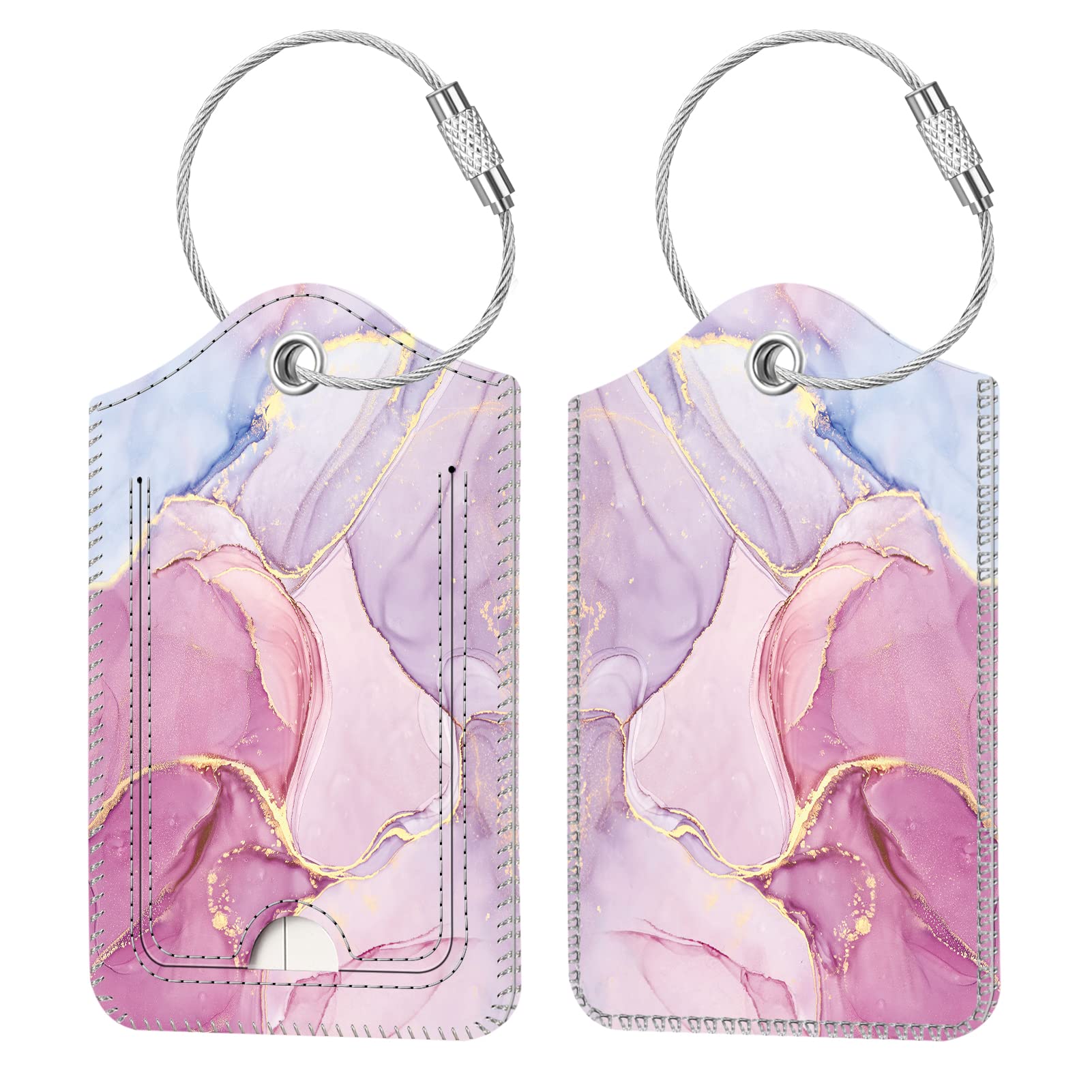 2 Pcs Luggage Tags, FINTIE Privacy Cover ID Label with Stainless Steel Loop and Address Card for Travel Bag Suitcase, Glittering Marble