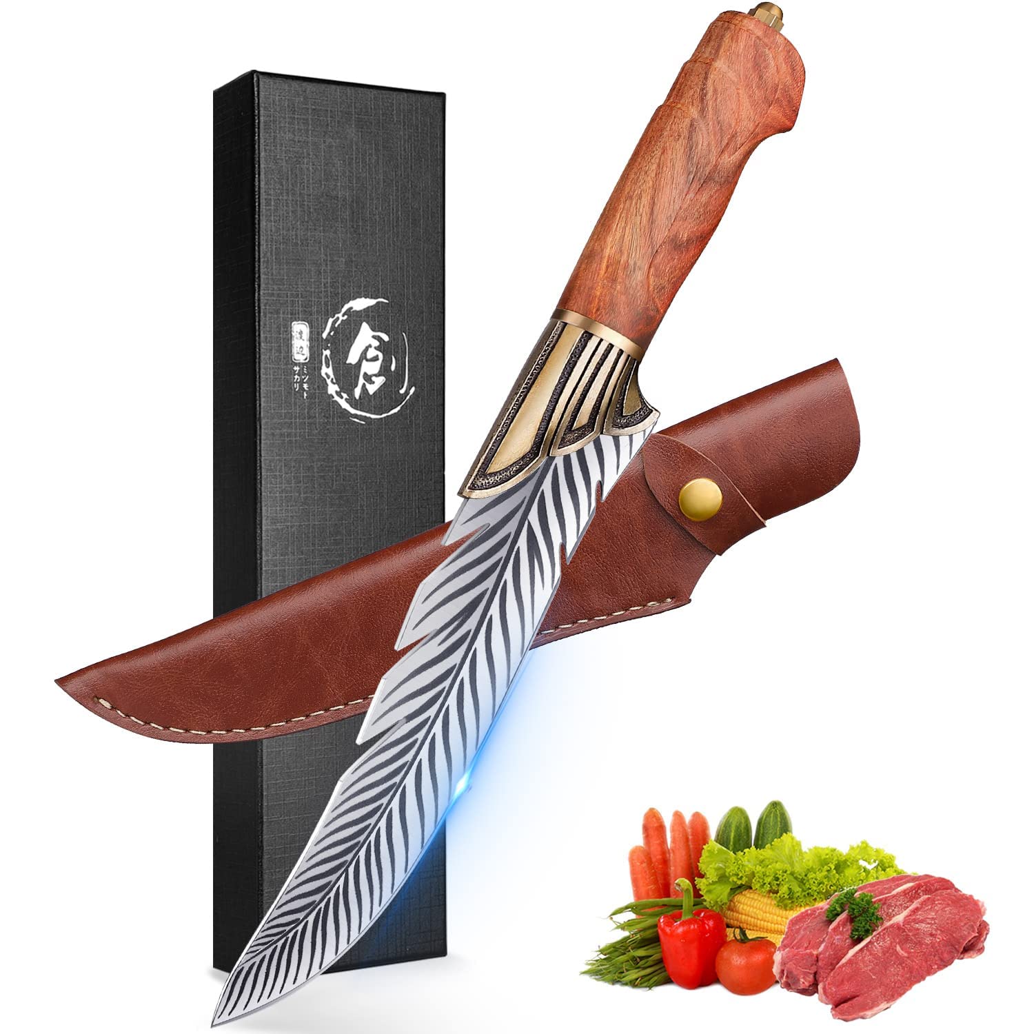 ROCOCO Feather Viking Knife Japanese Boning Knife with Sheath Outdoor Camping BBQ Collection Birthday Father Mother Christmas Gift Idea Men 6.5" Image