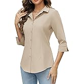 HOTOUCH Women Button Down Shirts 3/4 Sleeve Basic Business Dress Shirt Slim Fitted Classic V Neck Button Up Work Blouse Tops