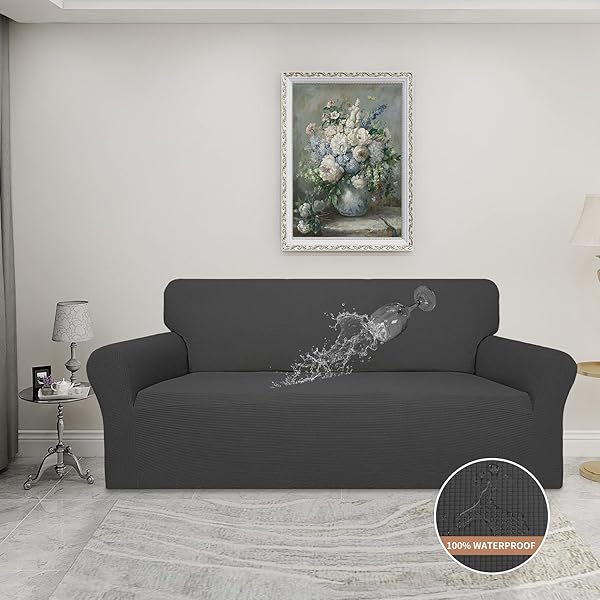 EASY-GOING 100% WATERPROOF COUCH COVER, DUAL SOFA STRETCH JACQUARD SLIPCOVER, LEAKPROOF FURNITURE PROTECTOR FOR KIDS, PETS, DOG AND CAT (SOFA, DARK GRAY)