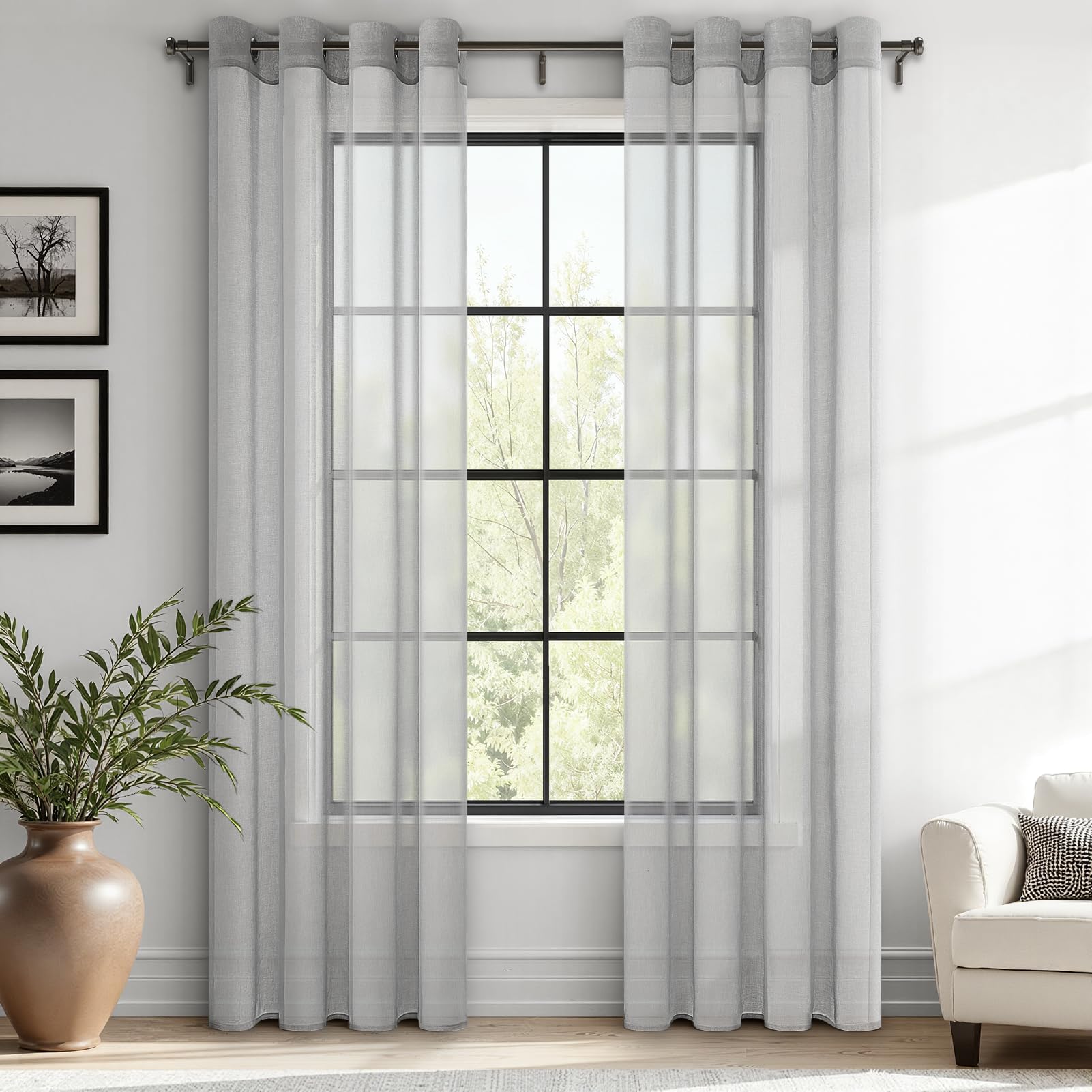 MRTREES Voile Curtain 96 Inch Drop 2 Panels Faux Linen Grey Curtains for Living Room Eyelet Sheer Door Curtain Panel for Bedroom Patio Door 55x96 Inch Drop 140cm x 245cm