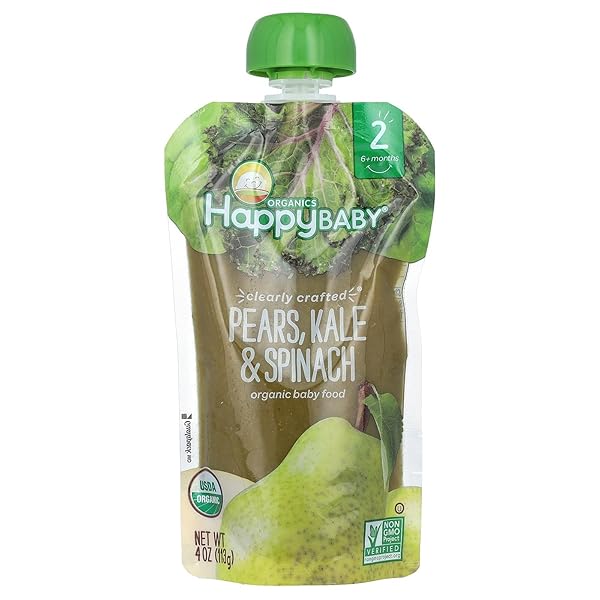 HAPPY BABY ORGANICS STAGE 2 BABY FOOD POUCHES, GLUTEN FREE, VEGAN & HEALTHY SNACK, CLEARLY CRAFTED FRUIT & VEGGIE PUREE, PEARS, KALE & SPINACH, 4 OUNCES (PACK OF 1)