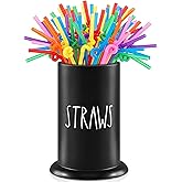Straw Dispenser for Counter, Bamboo Straw Holder, Stirrers Holder for Farmhouse Decor, Coffee Bar Accessories and Organizer, Straws Organizer for Kitchen, Coffee Bar, Party (Black)