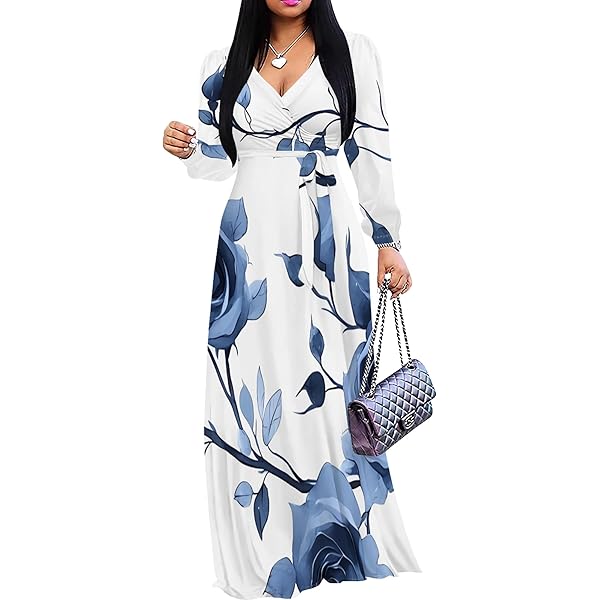 Autumn Floral Print Rose Pattern Long Sleeve Dress for Women 2024 Fashion  V-Neck Ankle Length Maxi Dress with Pockets at Amazon Women's Clothing store