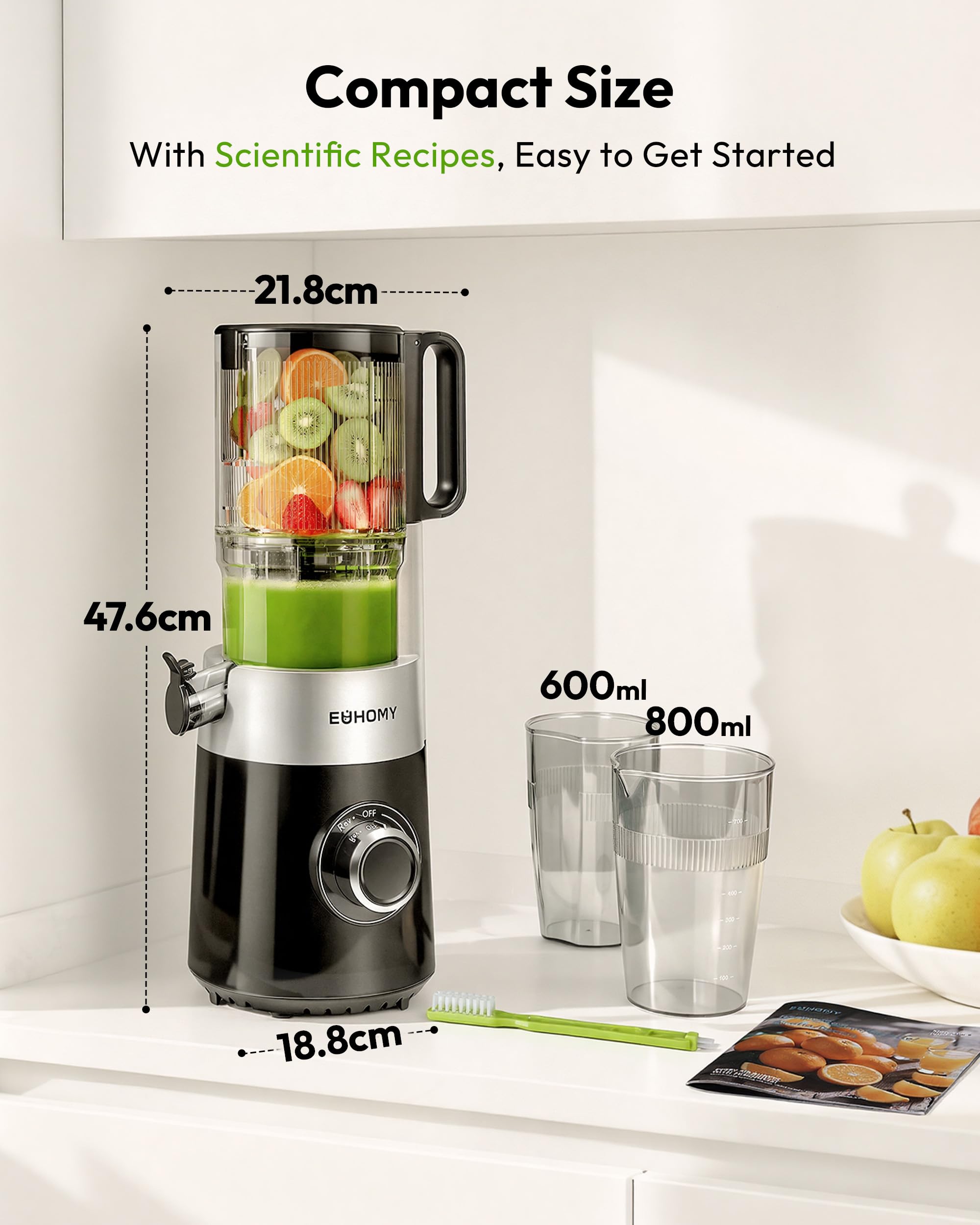 EUHOMY Cold Press Juicer Machines, 135mm&1.8L Feeding Chute for Whole Fruits and Vegetables-Liberate Your Hands, 220W Slow Masticating Juicer with Auto-cutting Auger, Safety Lock