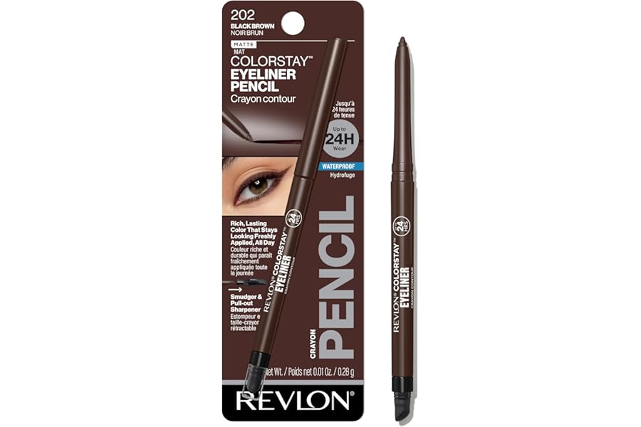 Revlon ColorStay Pencil Waterproof Eyeliner, Smudge-Proof, Eye Makeup with Built-In Sharpener, Stocking Stuffer for Women, 202 Black Brown, 0.01 oz