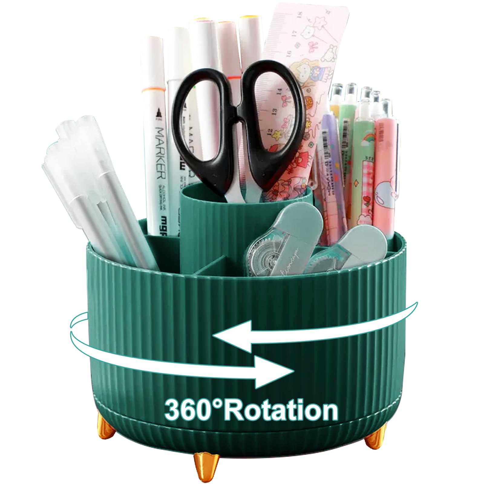Lenfuos Rotating Pen Pencil Holder Desk Organiser - 360 Degree Pencil Pots Makeup Brush Holder with 5 Compartments for Home Office Supplies Desktop Tidying and Stationary Storage (Green)
