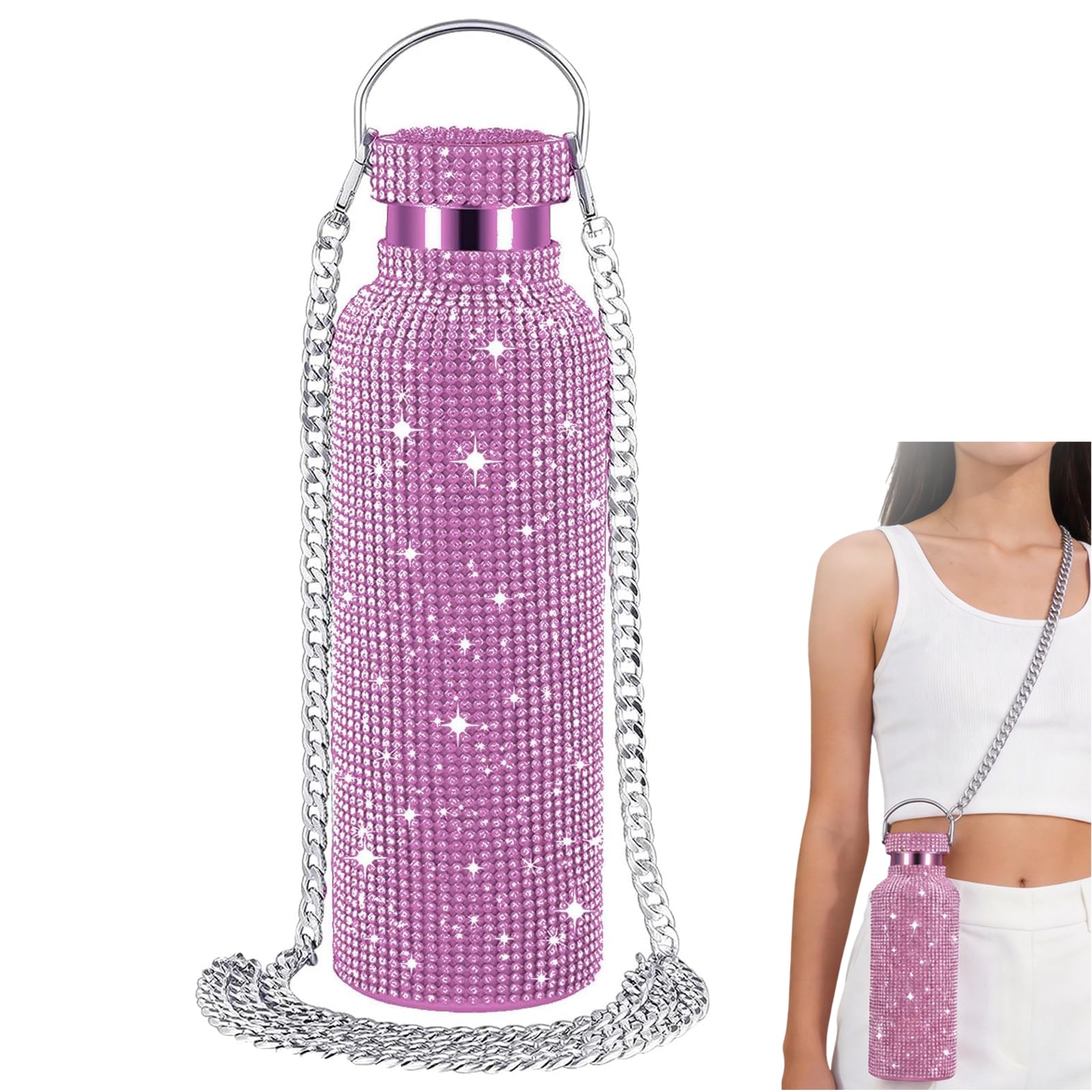 GIONAR 750ml Diamond Water Bottle, Bling Stainless Steel Water Bottles，Waterbottle with Diamond & Chain - Thermal Water Bottle, Stay Hydrated in Style for Camping,Party(Pink)