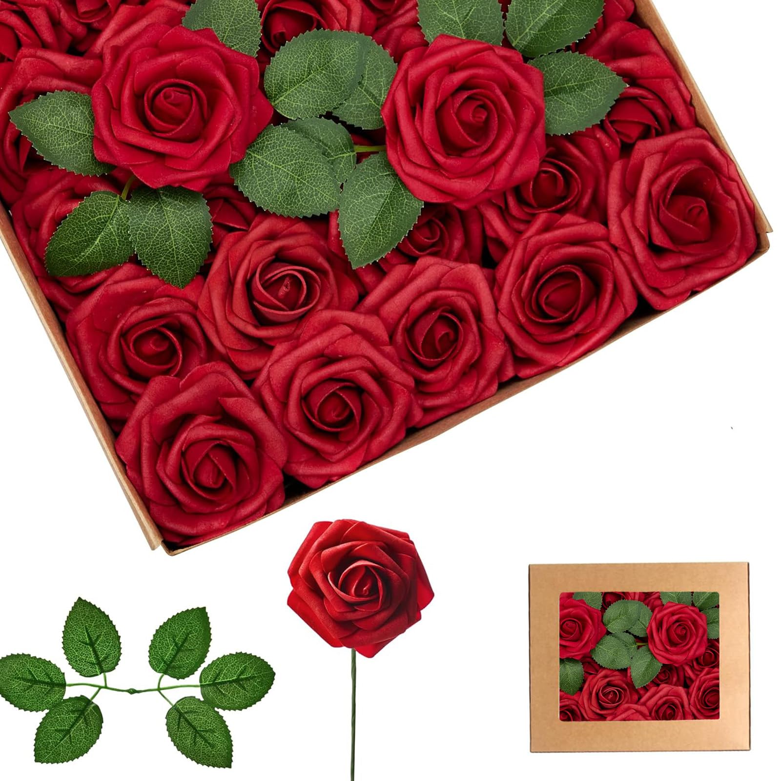 25Pcs Red Artificial Roses, Real Touch Foam Roses with Stems, 4 Leaves, Artificial Flowers for Wedding, Bridal Bouquets, Cake, Grave Stone, Table Centerpieces, Baby Shower, Funeral Decoration