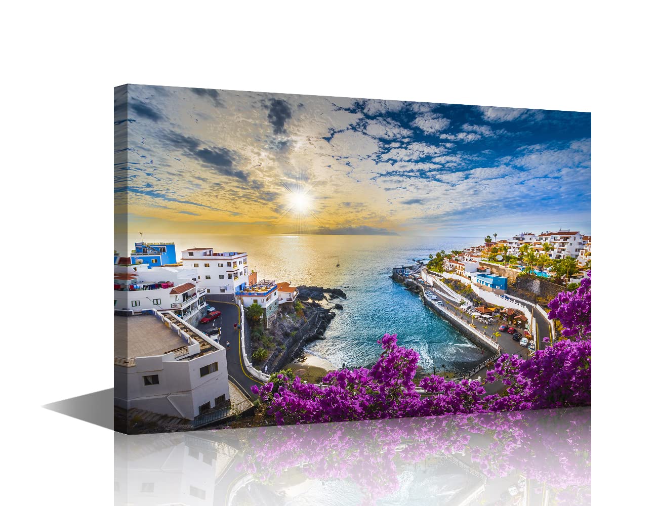 1 Panel European Coastal Towns Wall Art Decor Large Canvas Print Picture Sunset Scenery Modern Painting Artwork for Office Wall Decor Home Decoration Stretched and Framed Ready to Hang 16x24inch