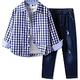 Voxikidio 4-8 Years Boys Plaid Shirts & Denim Jeans Outfit Clothing Casual Toddler Boy Fashion