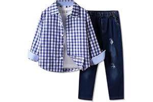 Voxikidio 4-8 Years Boys Plaid Shirts & Denim Jeans Outfit Clothing Casual Toddler Boy Fashion