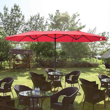 Amazon Com Yescom 14 Double Sided Twin Patio Umbrella Sun Shade Uv30 Water Fade Resistant Crank Outdoor Garden Market Red Garden Outdoor