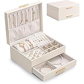 Lolalet 2-Layer Jewelry Box Organizer for Women Girls, Jewelry Storage Case Holder with Drawers for Necklaces Ring Earrings Bracelet Watch, Gifts for Galentines Valentines Girlfriend Wife -Beige