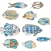 CAKIROTS 10 Pcs Coastal Wall Decor Wooden Fish School Beach Art for Home Outdoor Lake House Vintage Not 3D Pattern