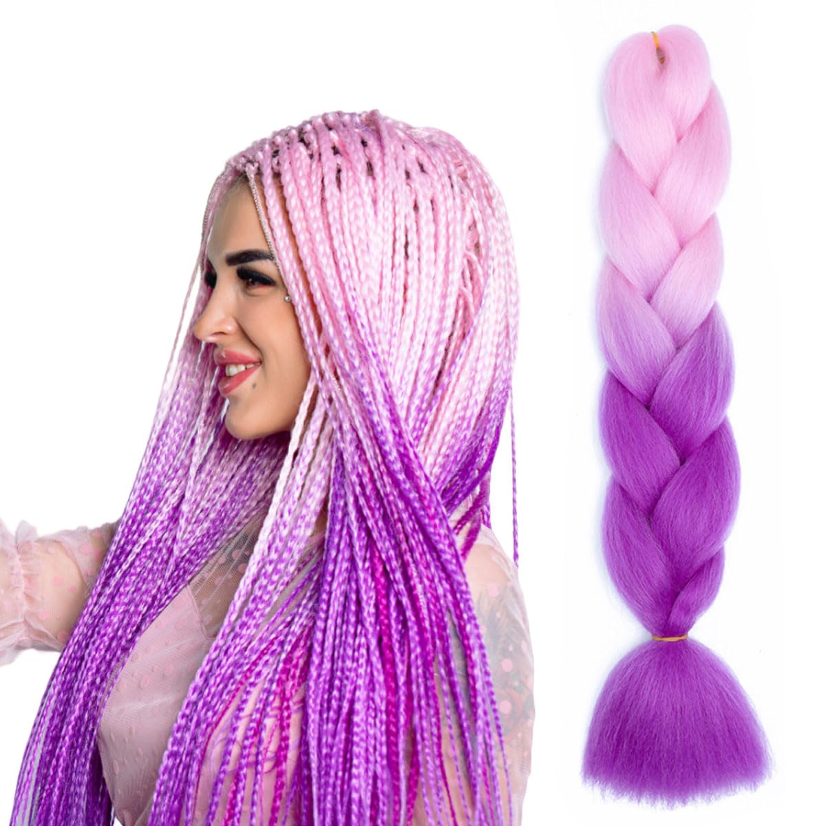 rinfantasy Hair Extension Braided Fashion High Temperature Synthetic Kanekalo Braid Yaki Texture Hair Scrunchies Pink to Purple Braiding Hair,GBBZ081 — image 1