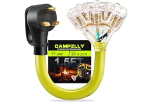 Campzlly 30 Amp to 110 Adapter RV Cord, 30 Amp to 20 Amp Adapter, NEMA TT-30P Male to 3X 5-15R/5-20R T-Blade Household Outlet Female with Lighted Power Indicator, 1.5 FT