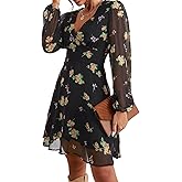 CUPSHE Women's Mini Dress Casual Floral Chiffon Flowy Dresses Long Sleeve Dress for Women