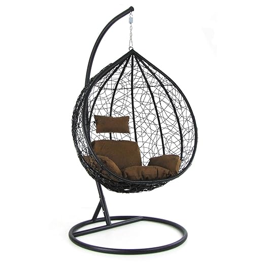 RAMROXX 37359 Hängesessel Schaukel Korb Polyrattan mit Gestell und Sitzkissen XXL