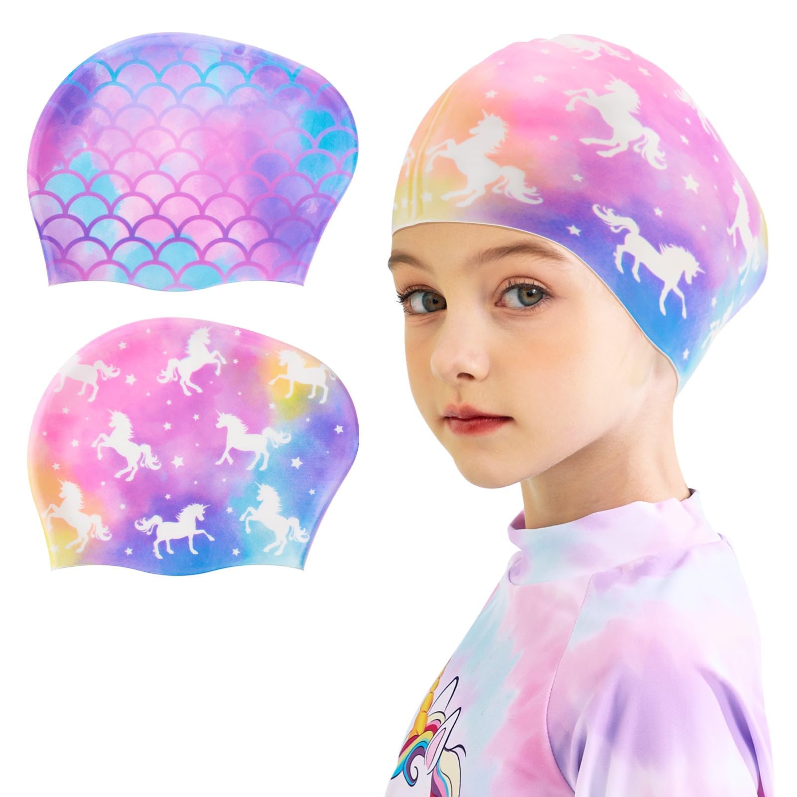 Photo 1 of 2 Pack Kids Swim Cap Silicone Waterproof Swim Caps for Boys Girls (3-8 Years) Unicorn Mermaid Design Swimming Cap for Kids 3-8 Long and Short Hair (Mermaid&Unicorn)