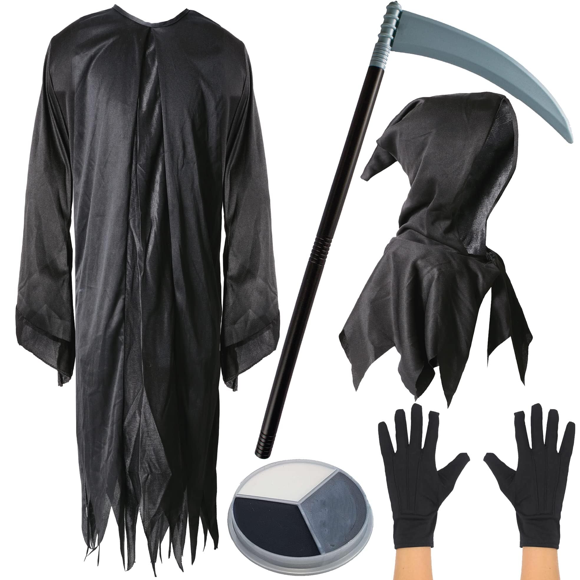 Childs Grim Reaper Costume - Medium - Black Cloak with Hood, Plastic Scythe, Black Gloves and Facepaint - Kids Halloween Fancy Dress Costume