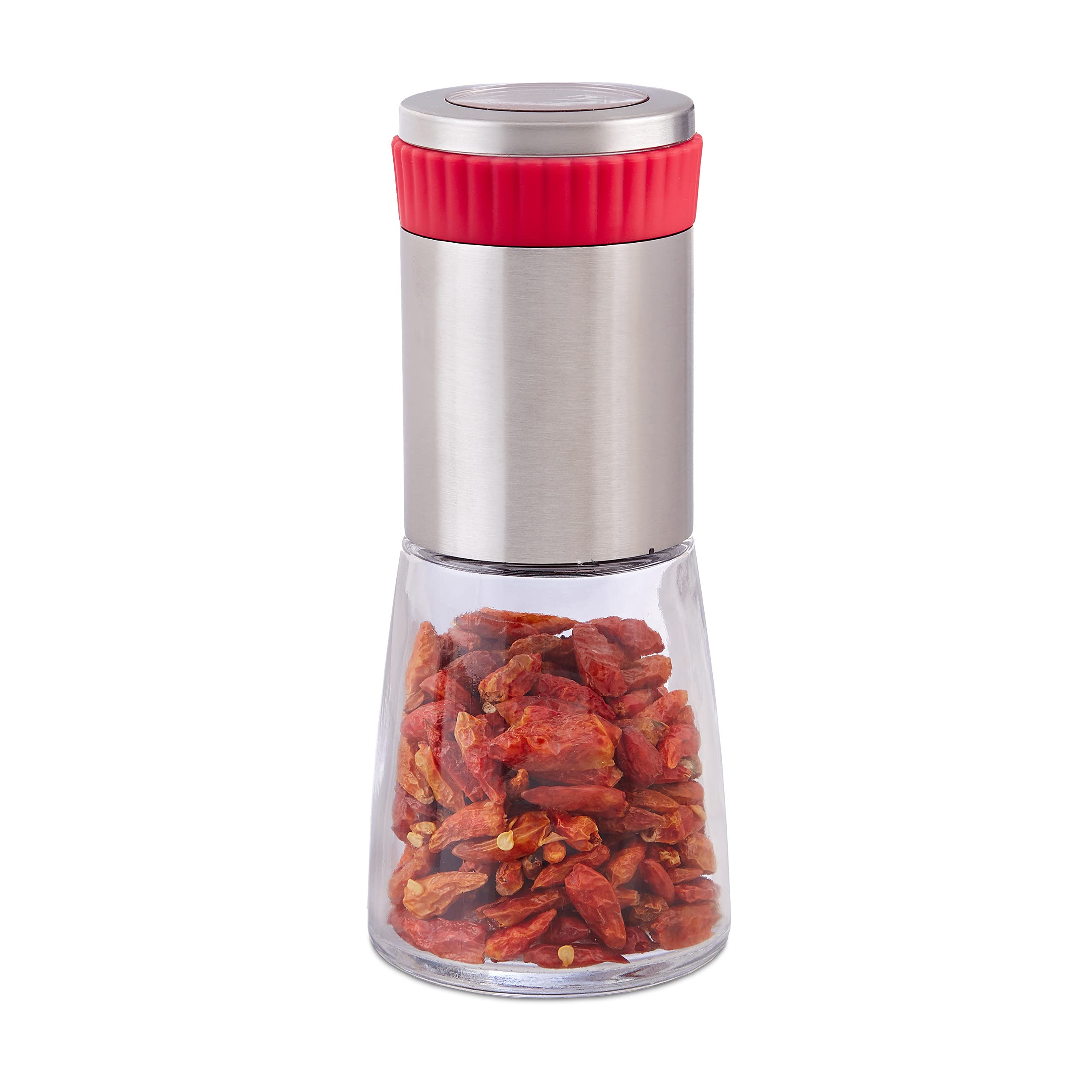 Relaxdays Chili Mill, Stainless Spice Shaker with Herb Grinder, 16 cm Tall, Red-Silver