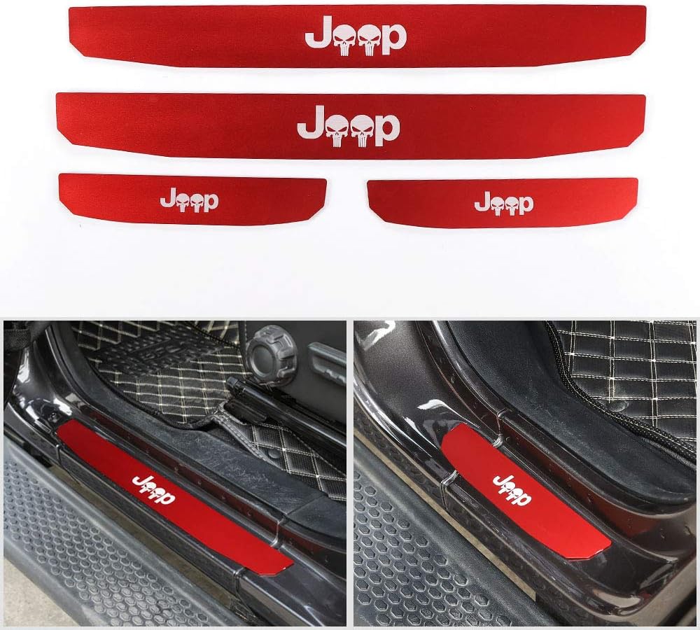 CheroCar Front & Rear 4 Door Entry Guard Sill Plate Protectors for 2018 Jeep Wrangler JL Accessories (Skull Logo)