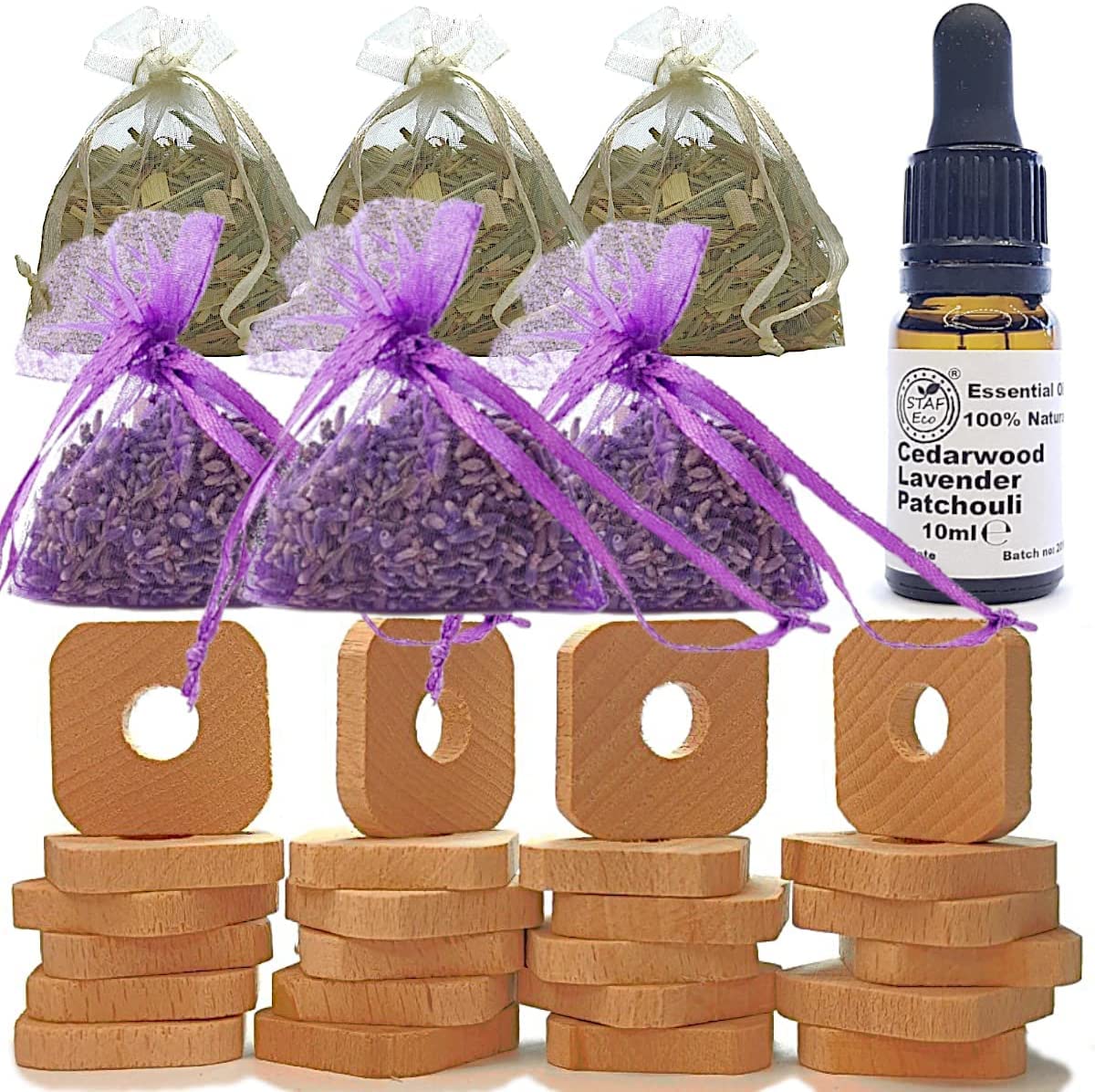 STAFECO Moth Repellent for Wardrobes Drawers Anti Moths Natural Wood Rings with Oil (Lavender Cedarwood Patchouli) Lavender Lemongrass bags(Medium A)