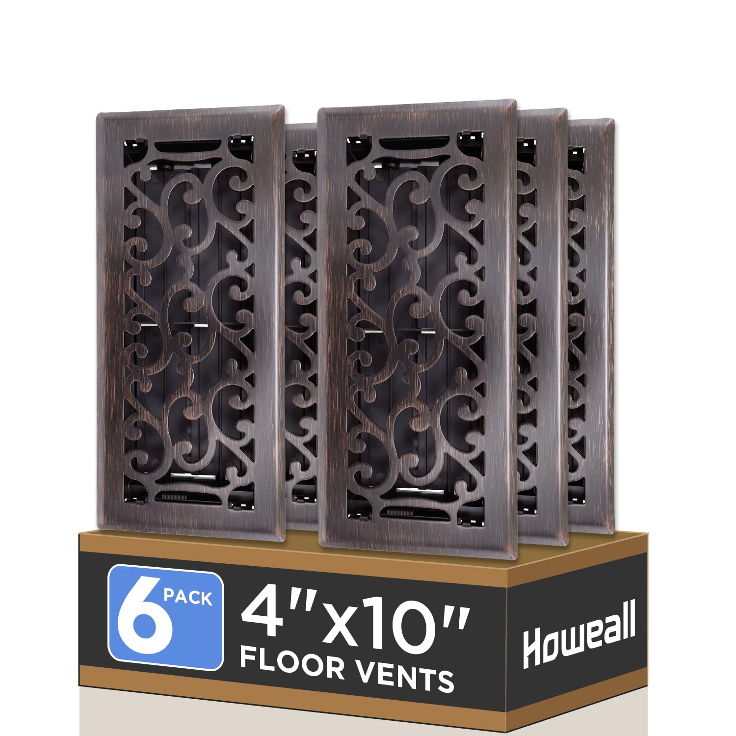 Photo 1 of Howeall 4x10 Inches 6 Pack Heavy Duty Walkable Floor Register - Easy Adjust Air Supply Lever Decorative Floor Vent Covers, Savannah Design Vent Covers for Home - Oil Rubbed Bronze
