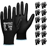 KAYGO Safety Work Gloves PU Coated,12 Pairs KG11PB Seamless Knit Glove for Men and Women, with Smooth Grip on Palm and Fingers, Ideal for General Duty Work (Medium, Black)