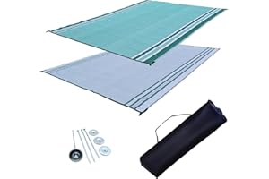 EZ TRAVEL COLLECTION EZ Travel Distribution RV Patio Mat Outdoor Tent and Grass Mat with Bag and Stakes (Reversible) (Green Stripe, 9' x 18')