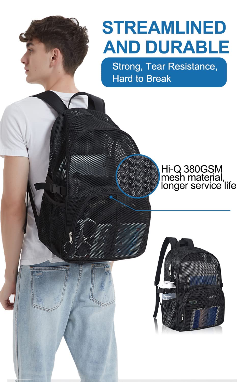 Heavy Duty Mesh Backpack for School, 22L Black Mesh School Bag with Laptop Compartment for Beach, Commuting, Swimming, Fitness, Sports (Black)