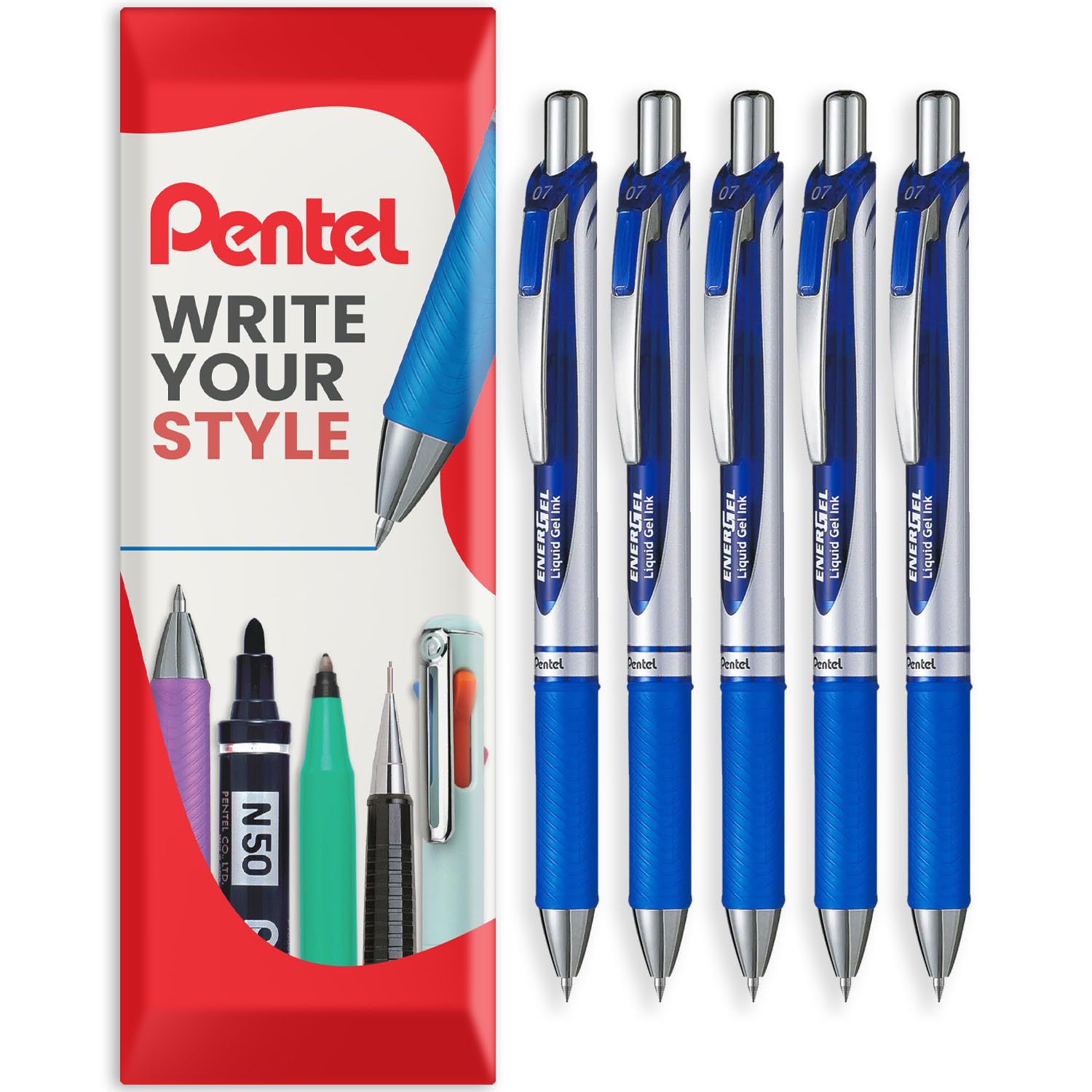 Pentel EnerGel XM BL77 - Retractable Liquid Gel Ink Pen - 0.7mm - 54% Recycled - In Envelope Gift Packaging (Blue Pack of 5)