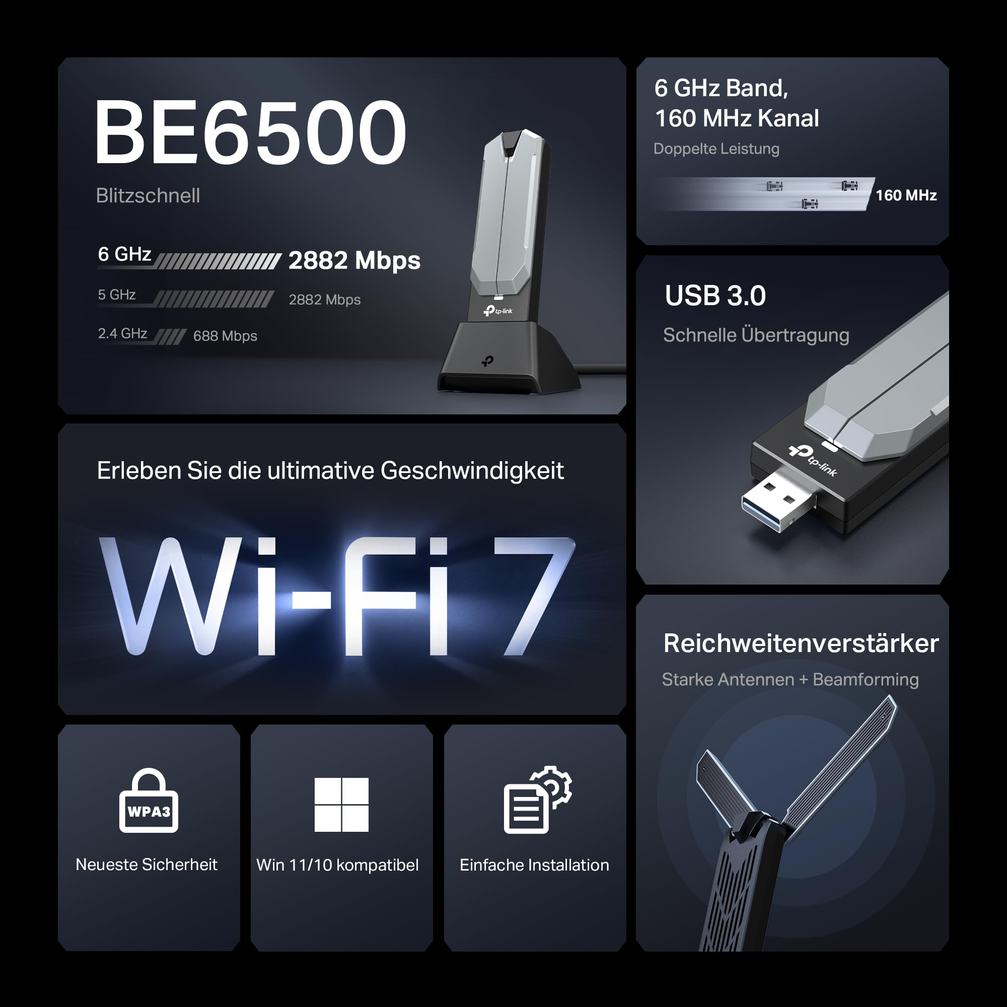 TP-Link Archer TBE400UH Wi-Fi 7 WLAN Stick für PC, BE6500 Tri-Band USB WLAN Adapter mit Hochleistungsantenne, MU-MIMO, WPA3, USB 3.0, nur Kompatibel mit Windows 10/11 4