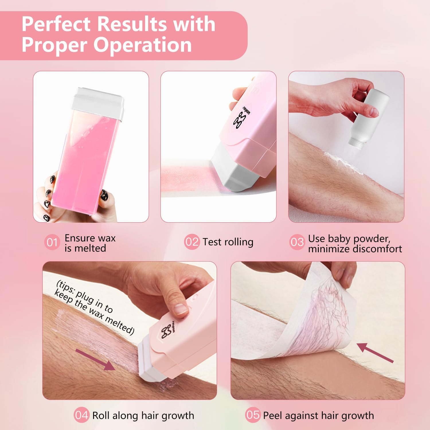 Roll On Wax kit,Waxing Kit for Women, Wax Roller, Roll On Wax Warmer for Hair Removal,at Home Waxing Kit for Women men,Soft Wax Heater for Larger Areas of the Body(pink)