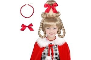 M MISS U HAIR Miss U Hair Christmas Long Blonde Braided Funny Wig with Red Necklace and Ribbon Bow for Small Head
