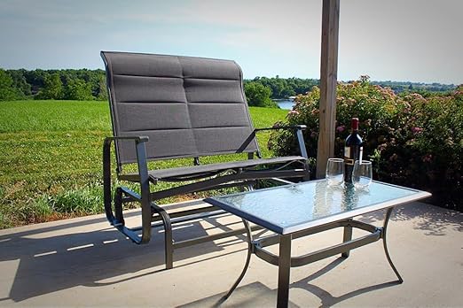 Amazon Com Pebble Lane Living 2pc Powder Coated Aluminum Rust Proof Padded Sling Glider Patio Loveseat And Coffee Table Grey Kitchen Dining