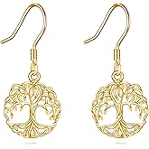14K Gold Tree of Life Earrings Leverback Dangle Drop Earrings Jewelry