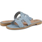 Daisy Fuentes Women's Slip-On Sandals Zain &ndash; Comfortable Design in Denim Blue and Linen White, Sizes 6-10
