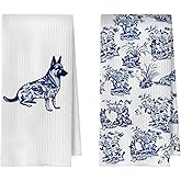 BlissfulAbon Chinoiserie German Shepherd Kitchen Towels 16x24 Inch, German Shepherd Gifts Decorative Waffle Weave Dish Towels, Grand Millenial Blue and White Floral Dog Hand Tea Towel, Set of 2