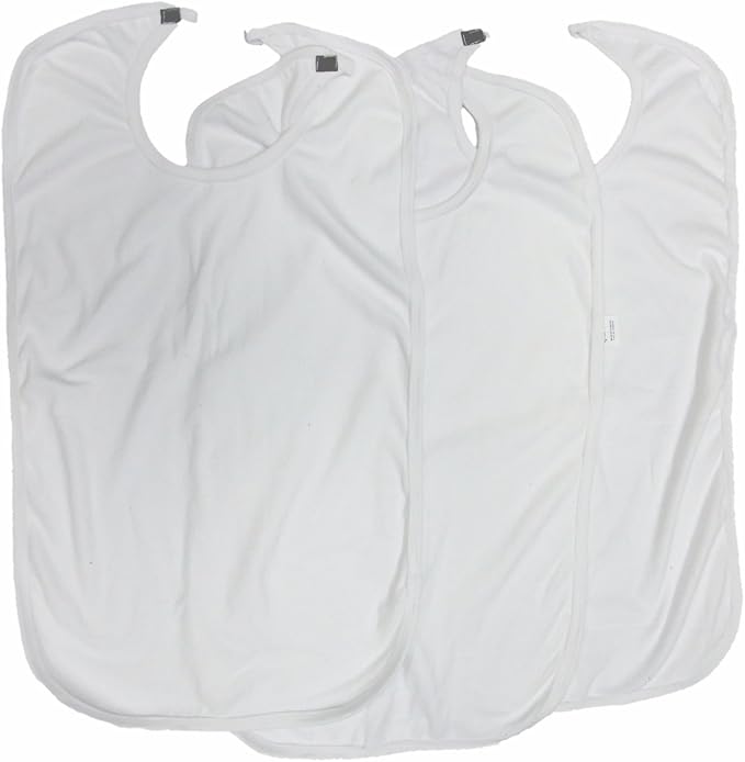 Terry Cloth Adult Reusable Bibs with Velcro Closure (Pack of 3) (White