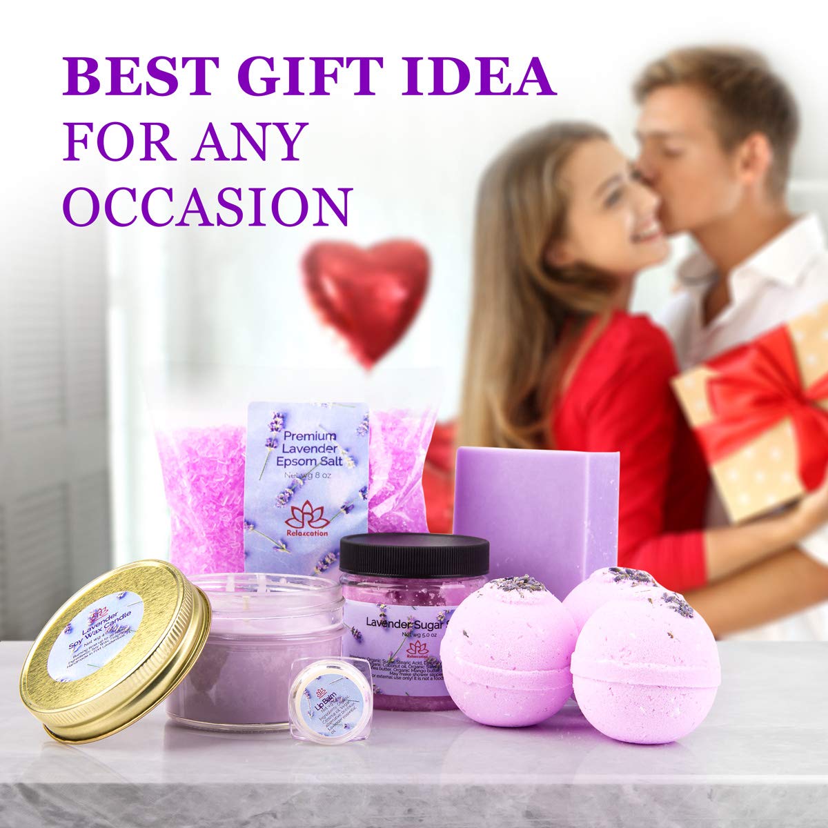 Made in USA Spa Gift Baskets for Women Organic Lavender, Bath and Body at Home, Spa Kit, Soy Wax Candle, Natural Oil Bath Salt, 3 Bath Bombs, Soap Bar, Body Sugar Scrub, for Mom, Girls