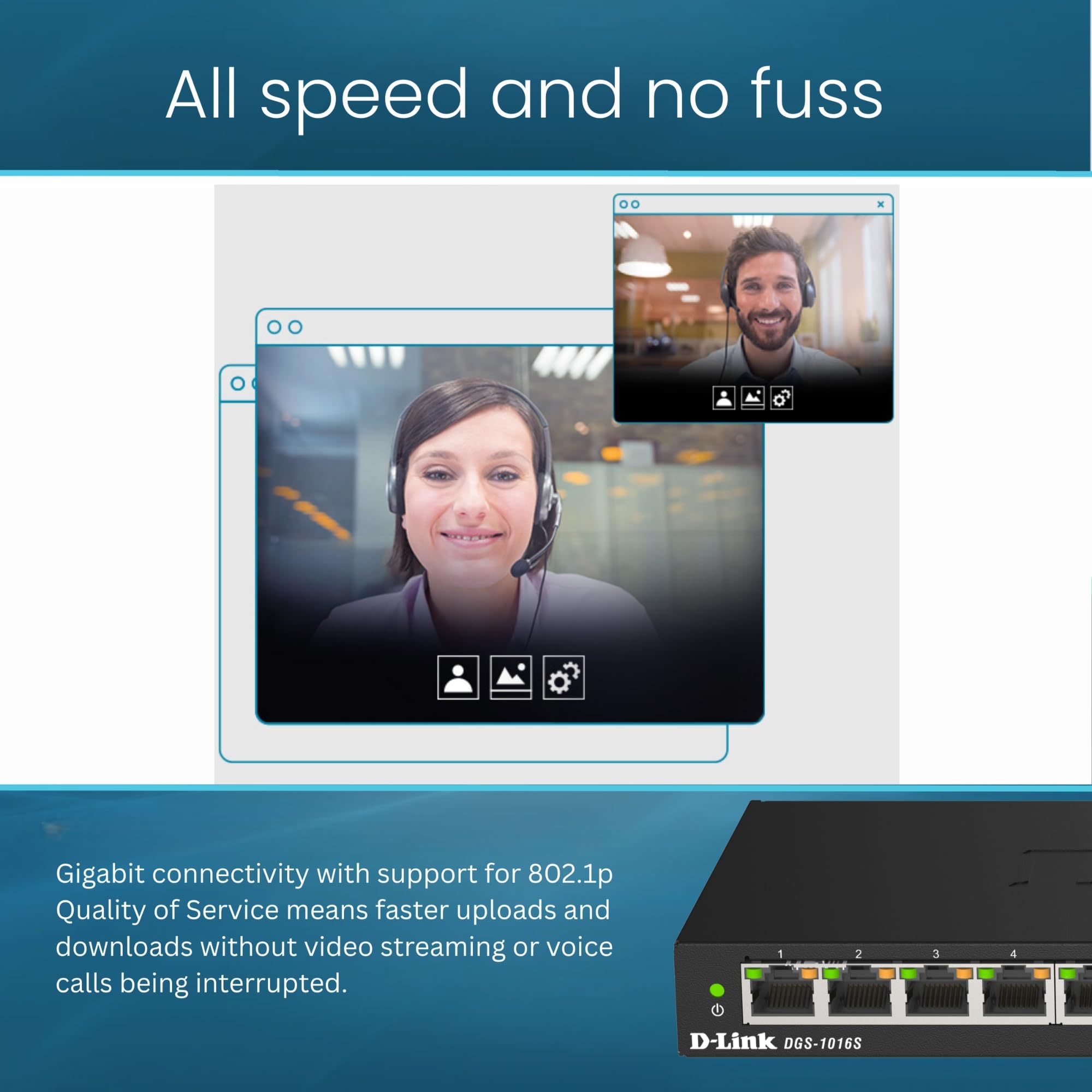 D-Link DGS-1016S 16-Port Unmanaged Gigabit Switch (ohne Lüfter, Low Profile Metallgehäuse, Desktop / Wandmontage, Plug-and-Play, 802.1p QoS, 802.3az EEE), schwarz 6