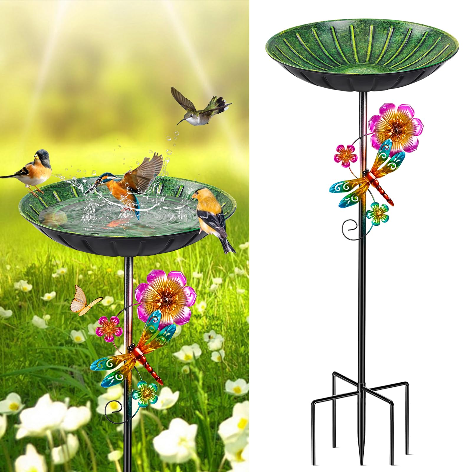 Photo 1 of 11 Inch Metal Bird Bath for Outside, Freestanding Birdbath Feeder Bowl with Stake for Outdoors, Bird Baths with Upgraded 5-Pronged Base for Garden Patio Yard Lawn Decor (Vintage Yellow-green)