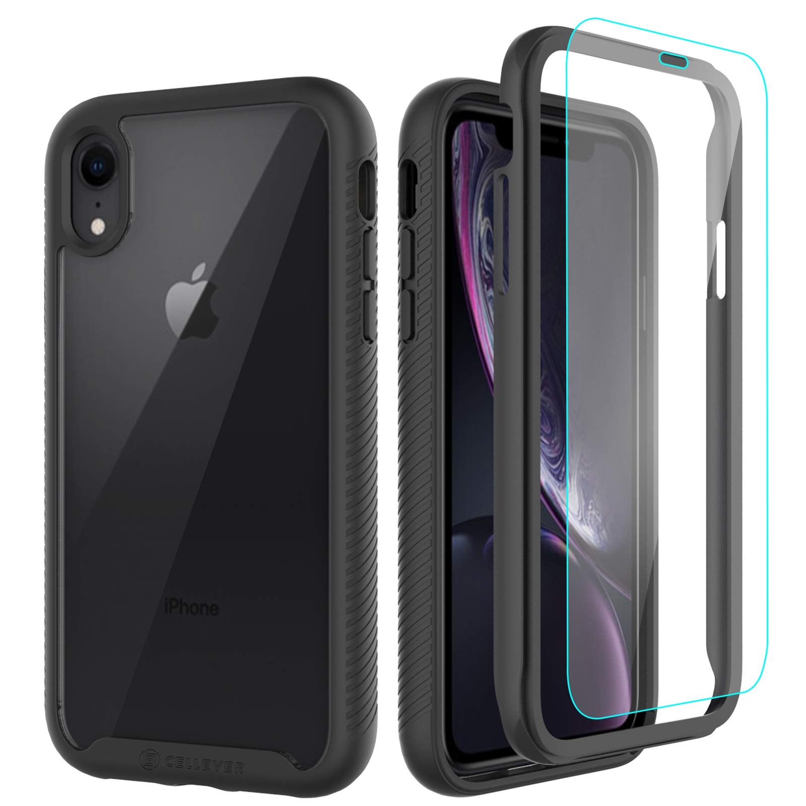 CellEver Compatible with iPhone XR Case, Clear Full Body Heavy Duty Protective Case Anti-Slip Full Body Transparent Cover Designed for iPhone XR 6.1 inch (2X Glass Screen Protector Included) - Black