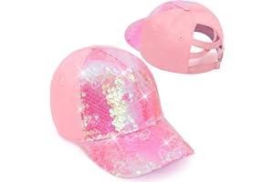 YSEOUL Girls Glitter Baseball Cap Criss Cross Hat, Girl High Ponytail Hat - Kids Trucker Hat with High Bun Messy Ponytail(Ages5-15)