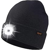 Keains Unisex Beanie with The Light ，Rechargeable LED Headlamp Cap， Warm Knit Hats for Winter Safety Gifts for Men Women Dad